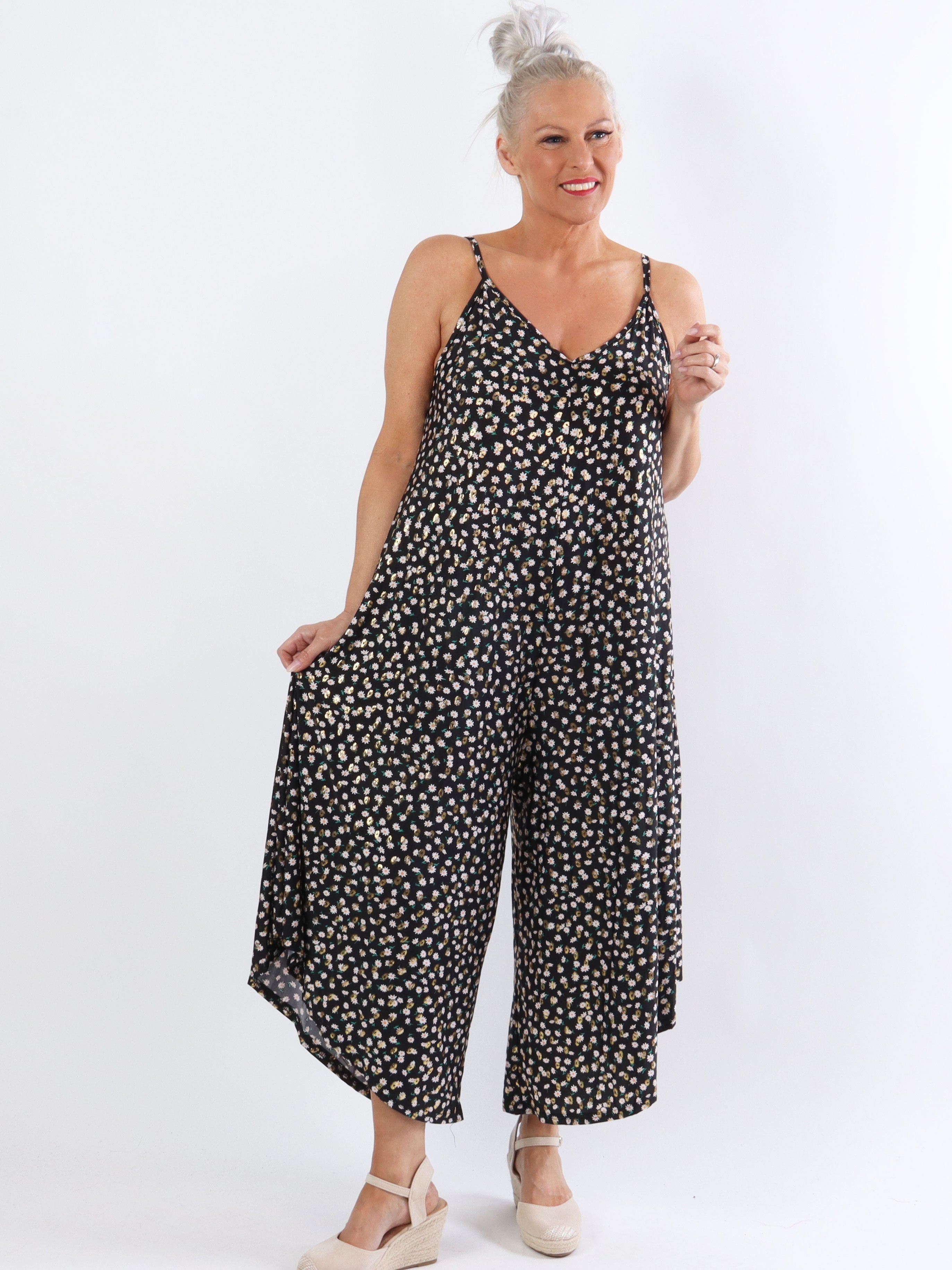 Felicia flower - Plus size byxdräkt med vida ben i stretchigt tyg